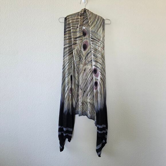 Adore Peacock Feather Print Open Front Vest Cardigan Waterfall Hem Women Size L - Picture 11 of 11